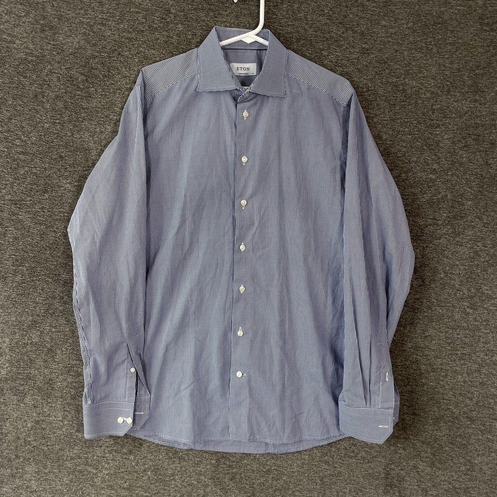 Eton Shirt Mens 16.5 42 Blue Check Contemporary Dress Long Sleeve Spread Collar